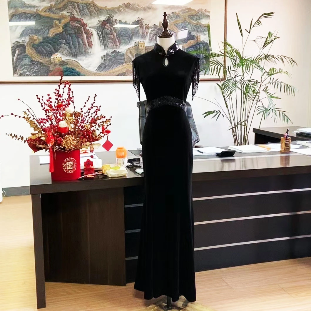 娴馨（万人迷）年会走秀高档韩绒立体裁剪鱼尾显瘦礼服长款形体旗袍