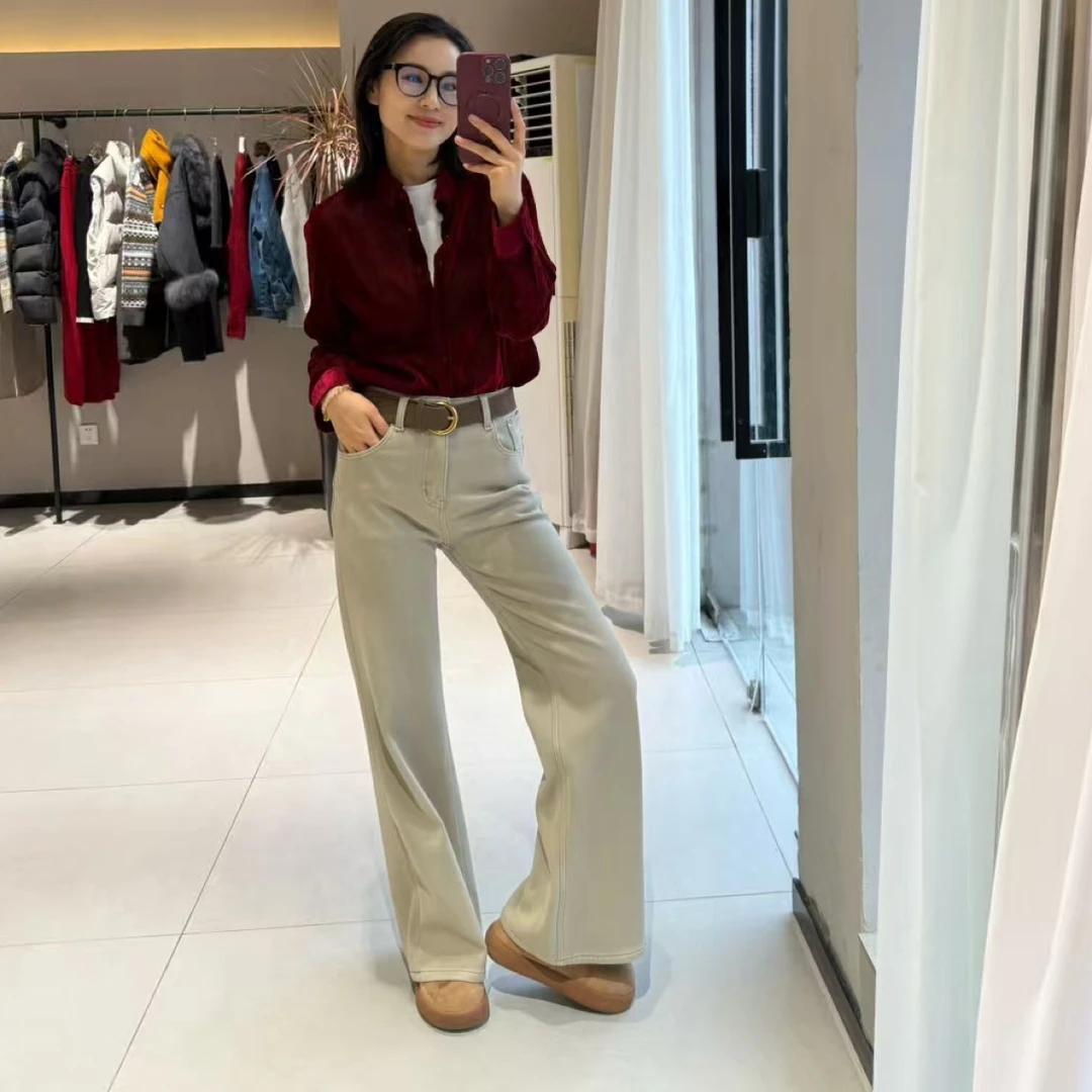 【W➕欧韩】新款高腰显瘦咖色微辣阔腿裤乌拉菲特绒牛仔裤子