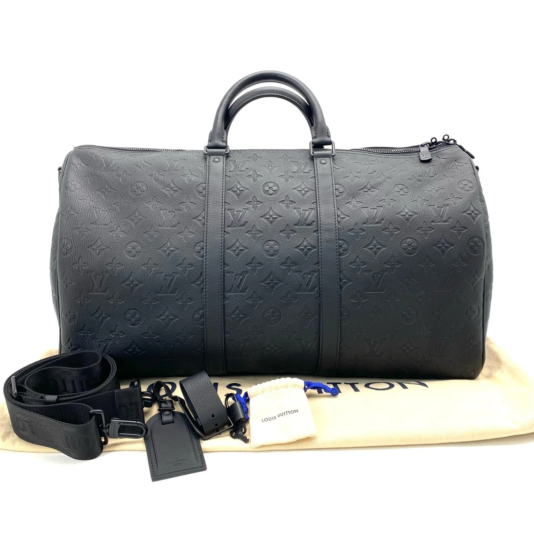 99新 LouisVuitton/路易威登 黑色全皮压花keepall50旅行袋 50/29