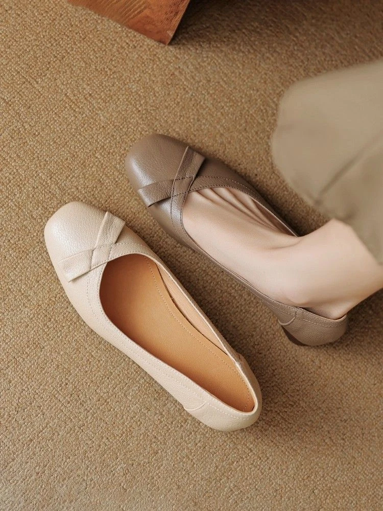 法式复古软时尚单鞋女浅口2025新款低跟女鞋蝴蝶结软底粗跟鞋