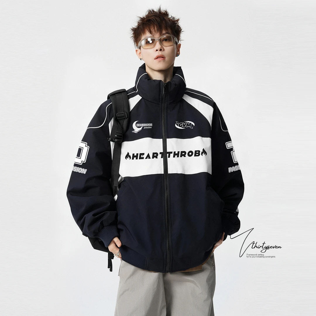 V37美式潮牌vintage机车棉服外套男款冬季痞帅加厚立领赛车服棉衣