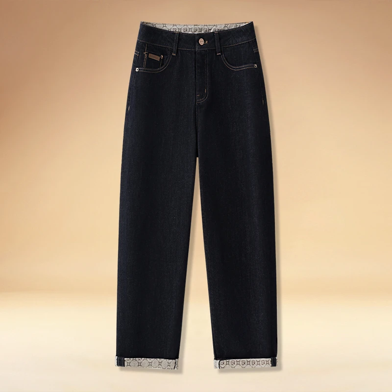 深蓝色哈伦牛仔裤女春季2025新款时尚高腰宽松拼色卷边直筒老爹裤