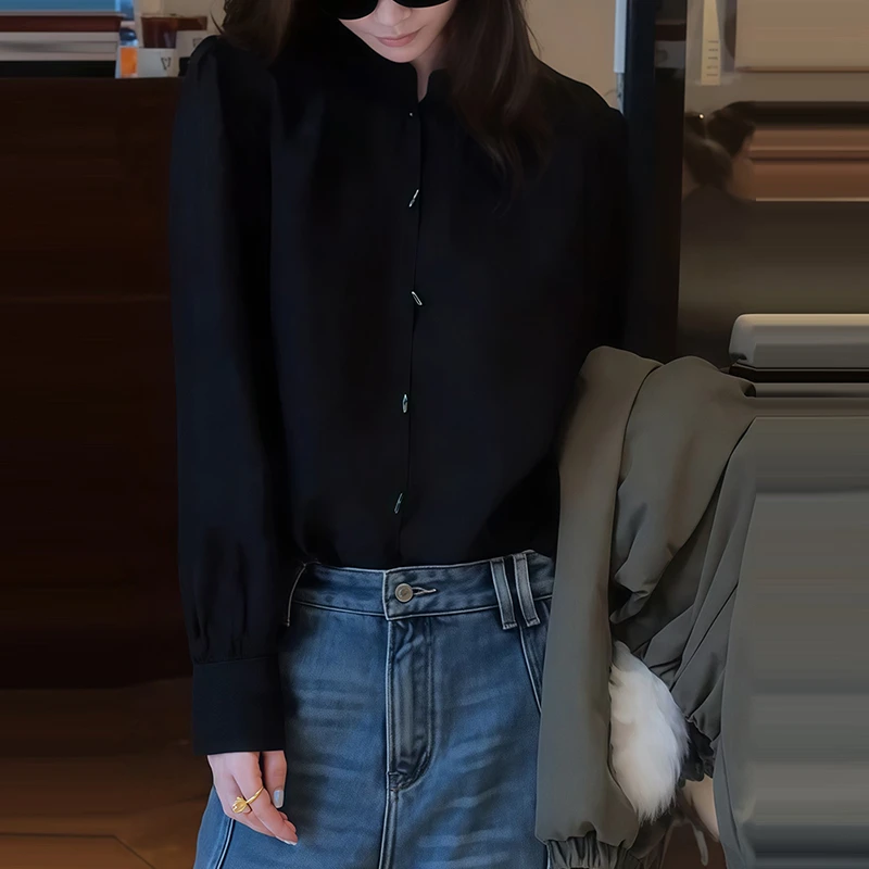 法式潮流小众设计感长袖黑色衬衫女冬春新款减龄时尚百搭立领衬衫