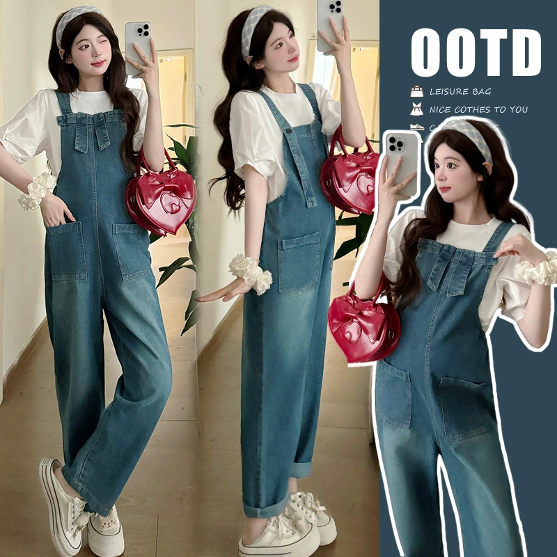 夏季新款孕妇套装时尚韩版两面穿简约蝴蝶结牛仔背带裤泡泡袖上衣