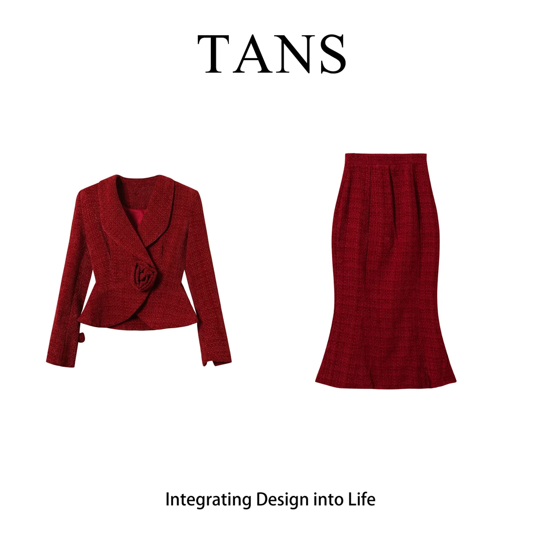 现货 TANS【秋季新品】气质高级感小香风红色套装秋冬两件套女