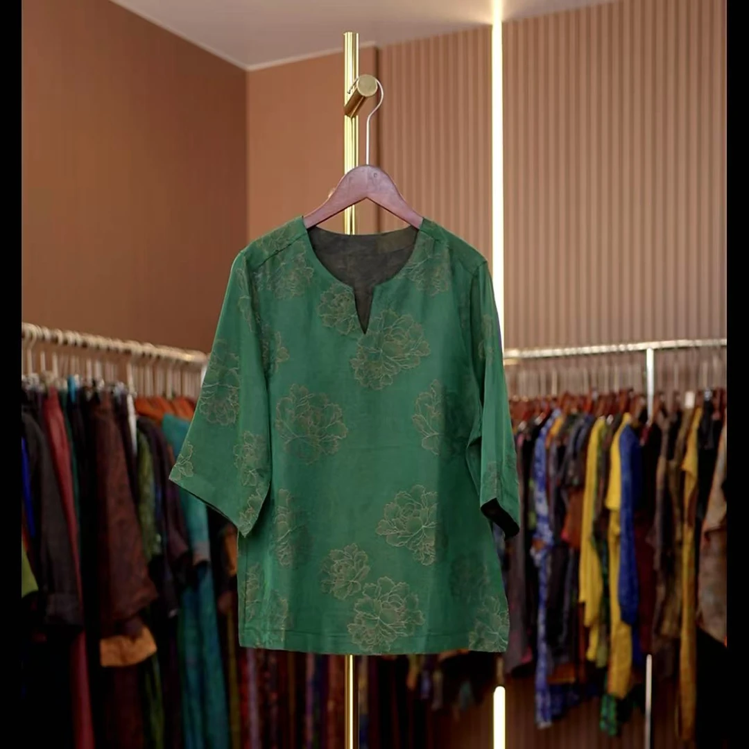 牡丹-新中式国风绿色中袖小衫0427