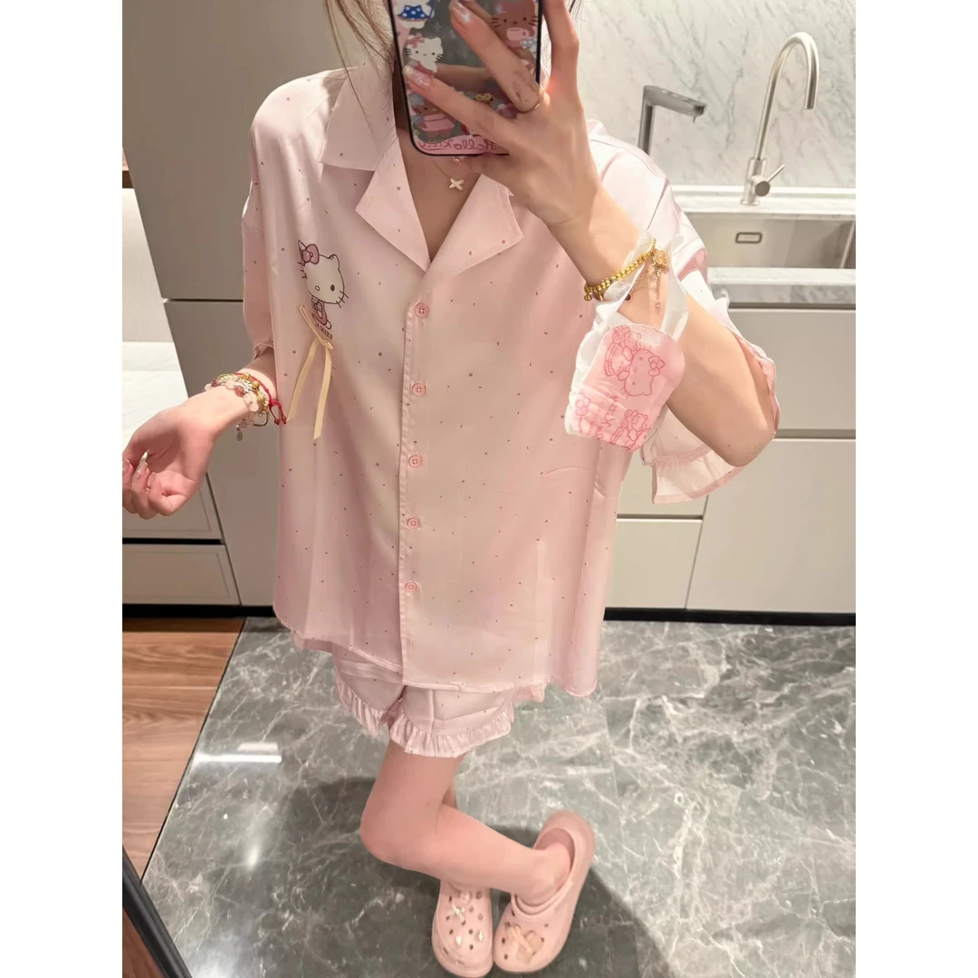 【可爱Kitty印花】韩系少女冰丝睡衣女夏季新款短袖短裤家居服套装