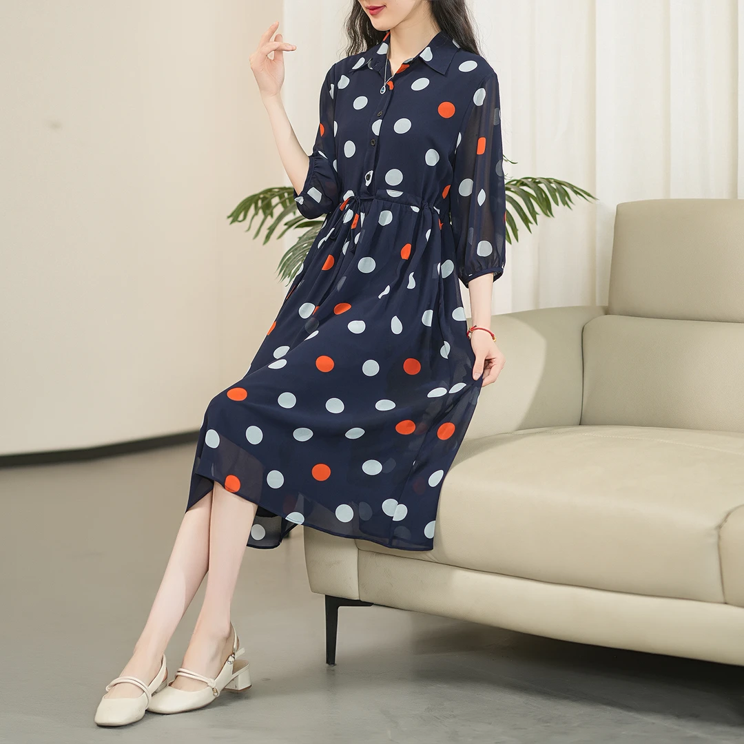 （一点点）2025年蚕丝扎染印花高腰显高显瘦气质连衣裙