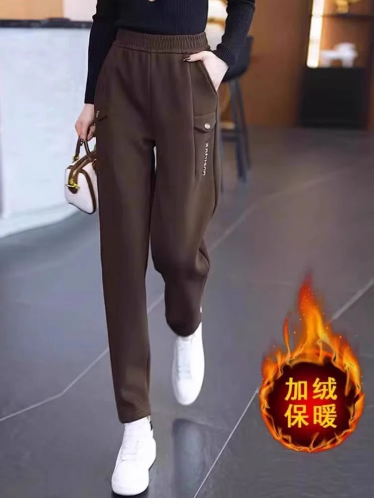 519#侧边字母款休闲裤女士加绒高腰显瘦时尚百搭宽松秋冬新款