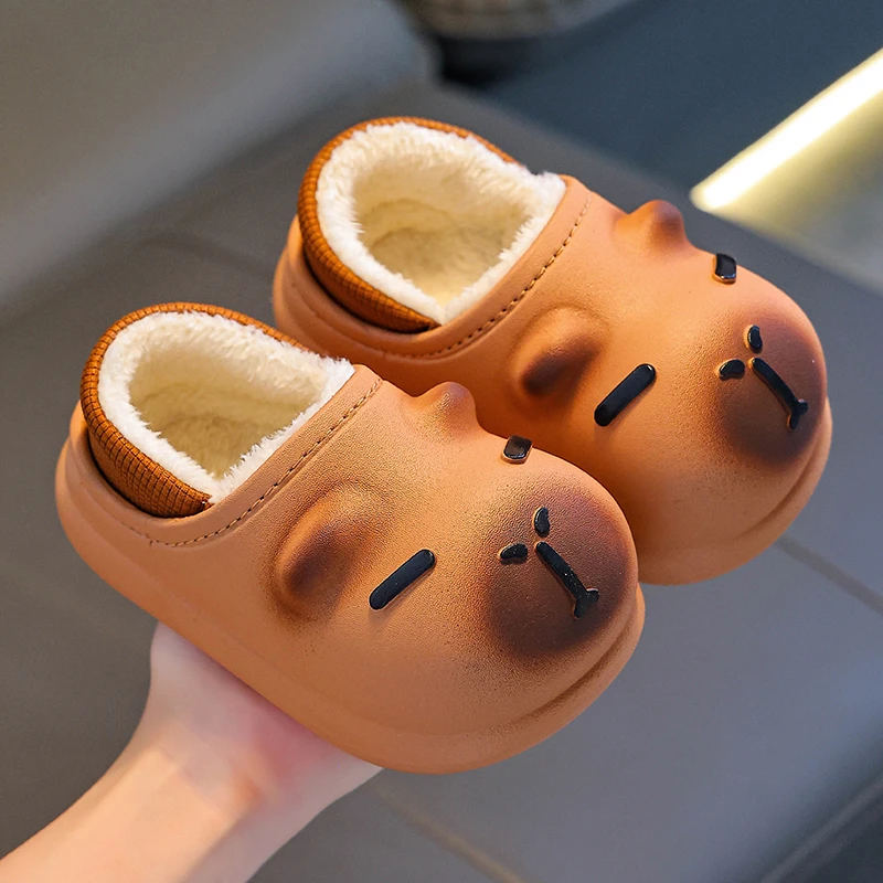 卡皮巴拉儿童加绒保暖棉拖鞋踩屎感男童冬季卡通可爱防滑室内软底