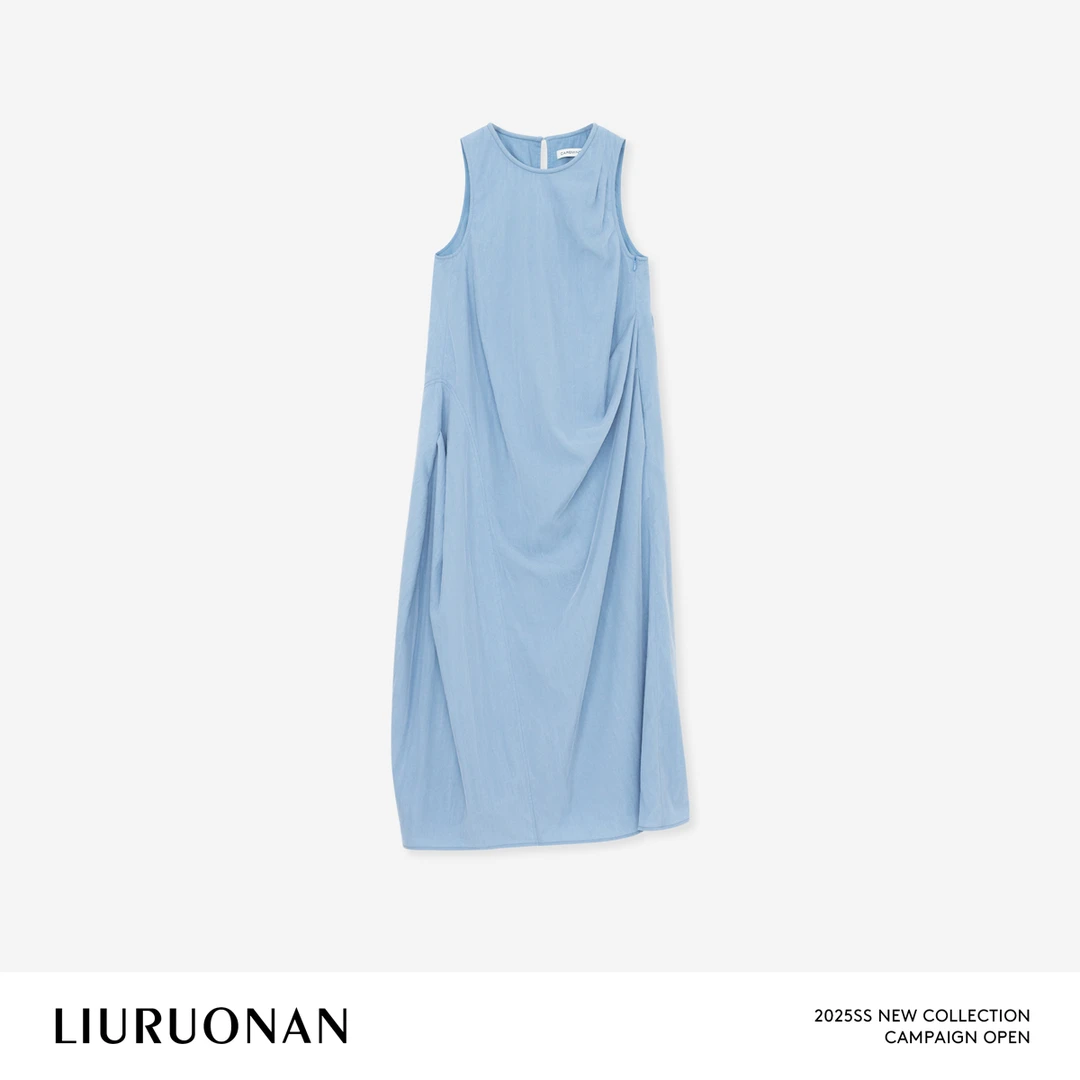 LIURUONAN 25SS【蓝花藤】不规则抽褶设计夏季薄款圆领无袖连衣裙女