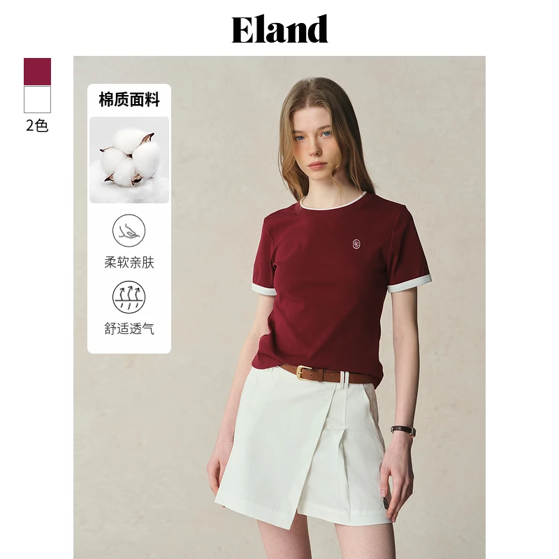 Eland衣恋复古潮流女士假两件设计棉感短袖运动休闲风EERAF23T7A