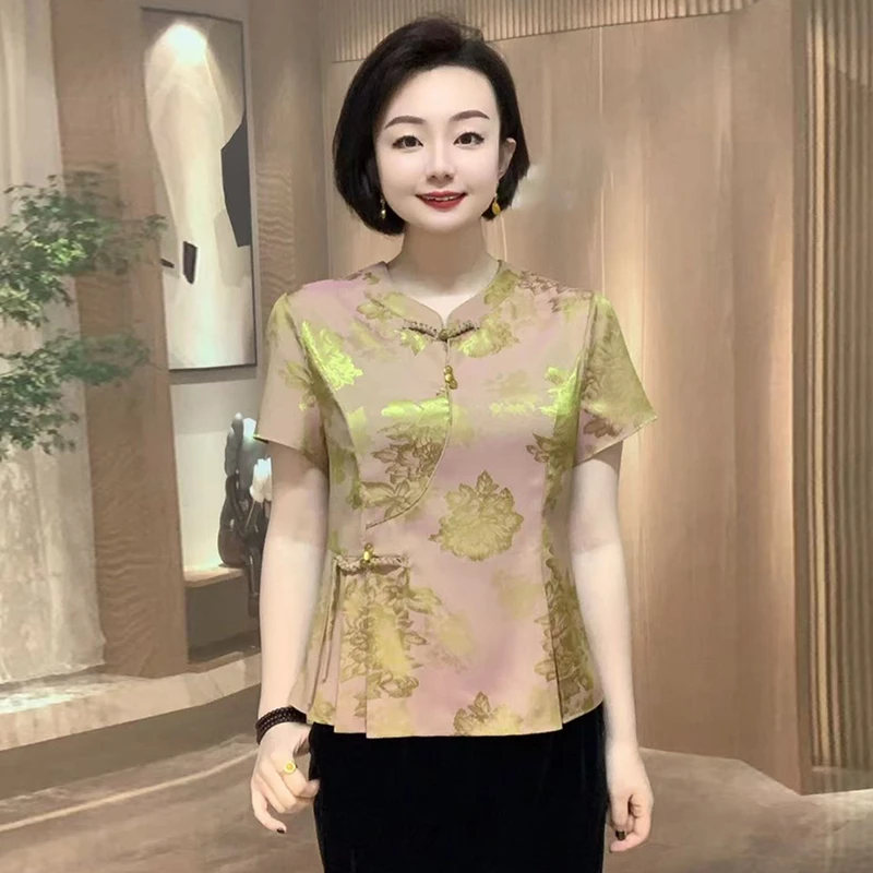 中式旗袍衫高档上衣国风洋气衬衫盘扣妈妈新款短袖上衣夏季T恤衫