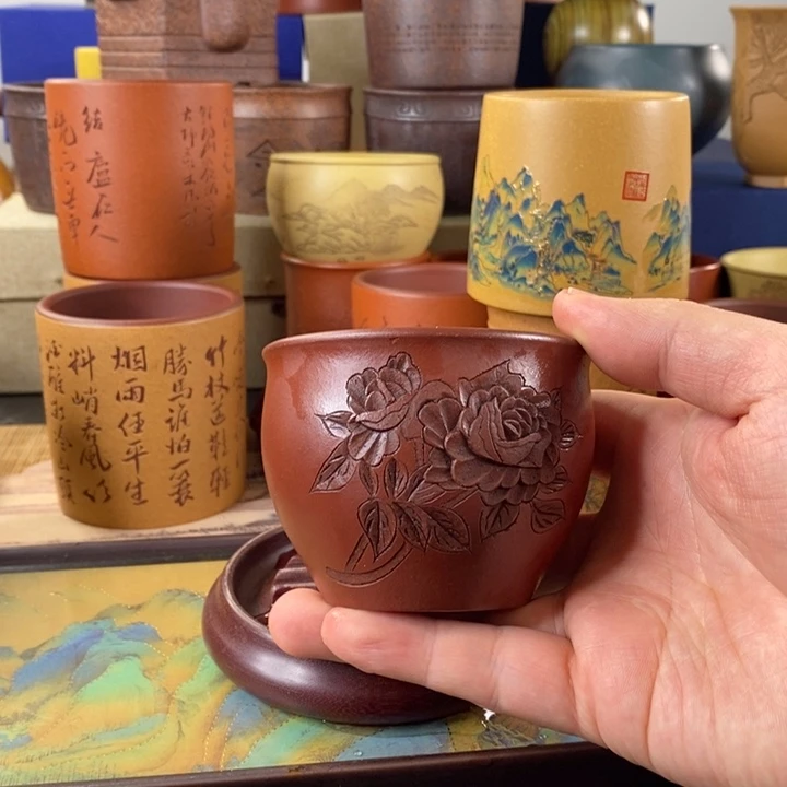 紫砂茶杯龙血砂荷花主人杯