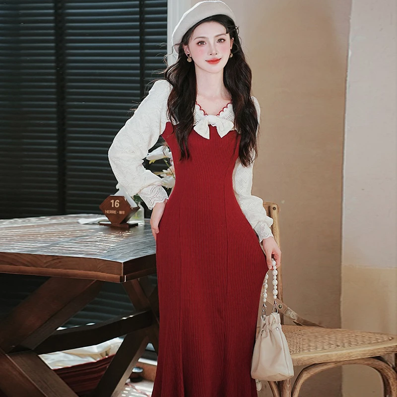 【素夕】2025新年圣诞红色连衣裙长裙针织鱼尾裙裙子伴娘裙女2978