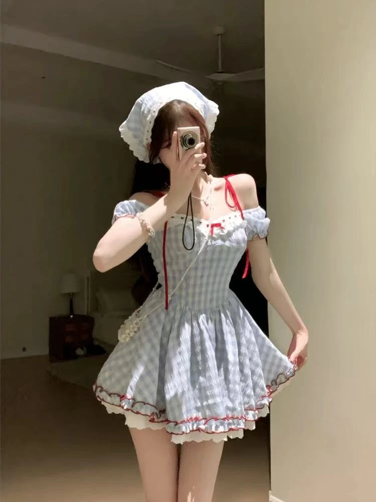 C16-2蓝白色“红丝带”（长款）格纹连衣裙（939）