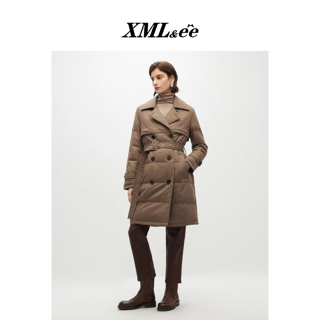 XMLee艾米尔 咖色绵羊毛双排扣系带鹅绒保暖羽绒服 X341Y3714