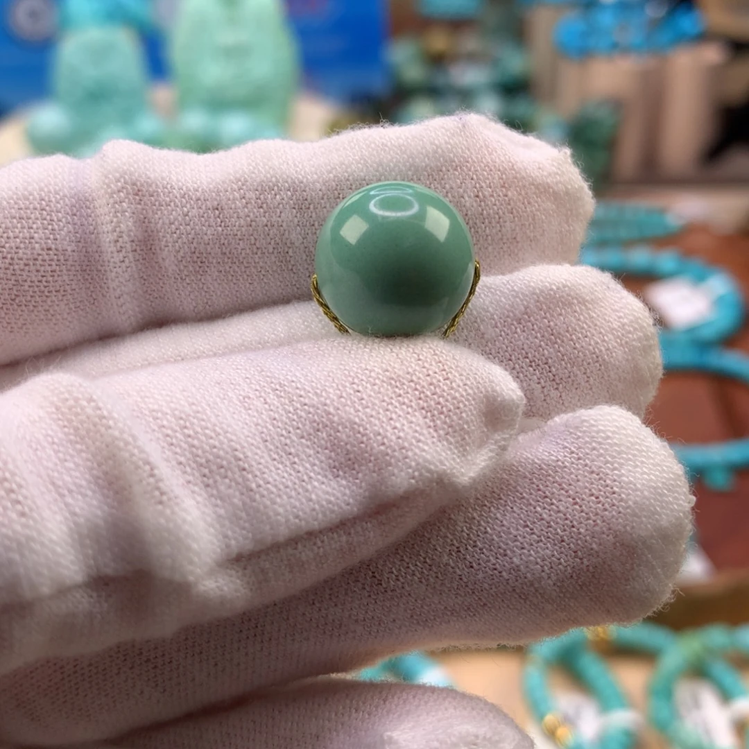 绿松石未镶嵌珠宝奇石高瓷绿圆珠13.2mm