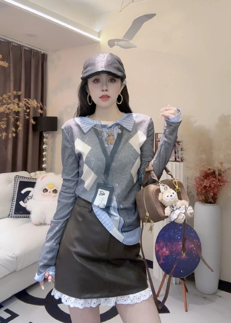 L.X~假两件印花长袖T恤女新款修身显瘦套头复古个性韩系上衣6808