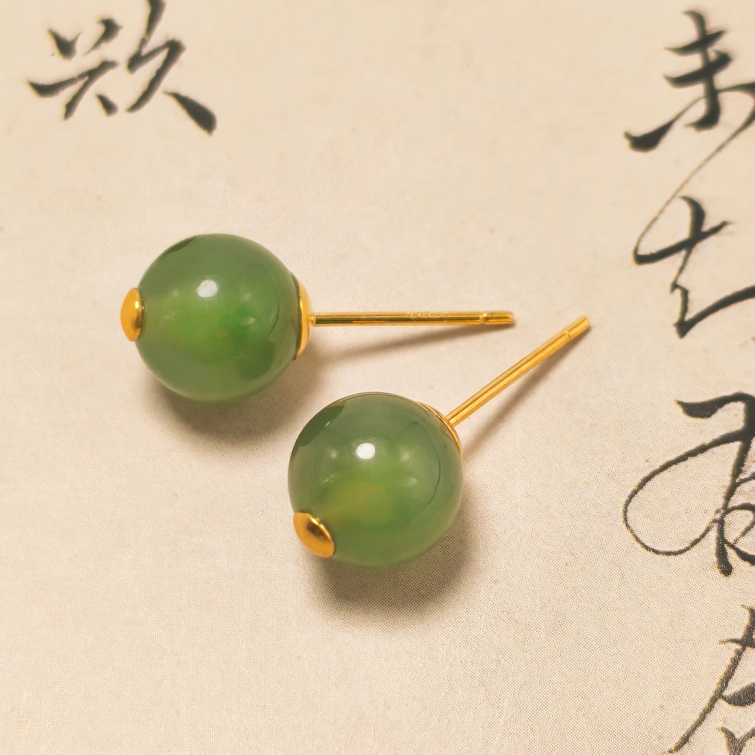 【玉露】和田玉碧玉耳钉简约时尚8mm（多样性发货）