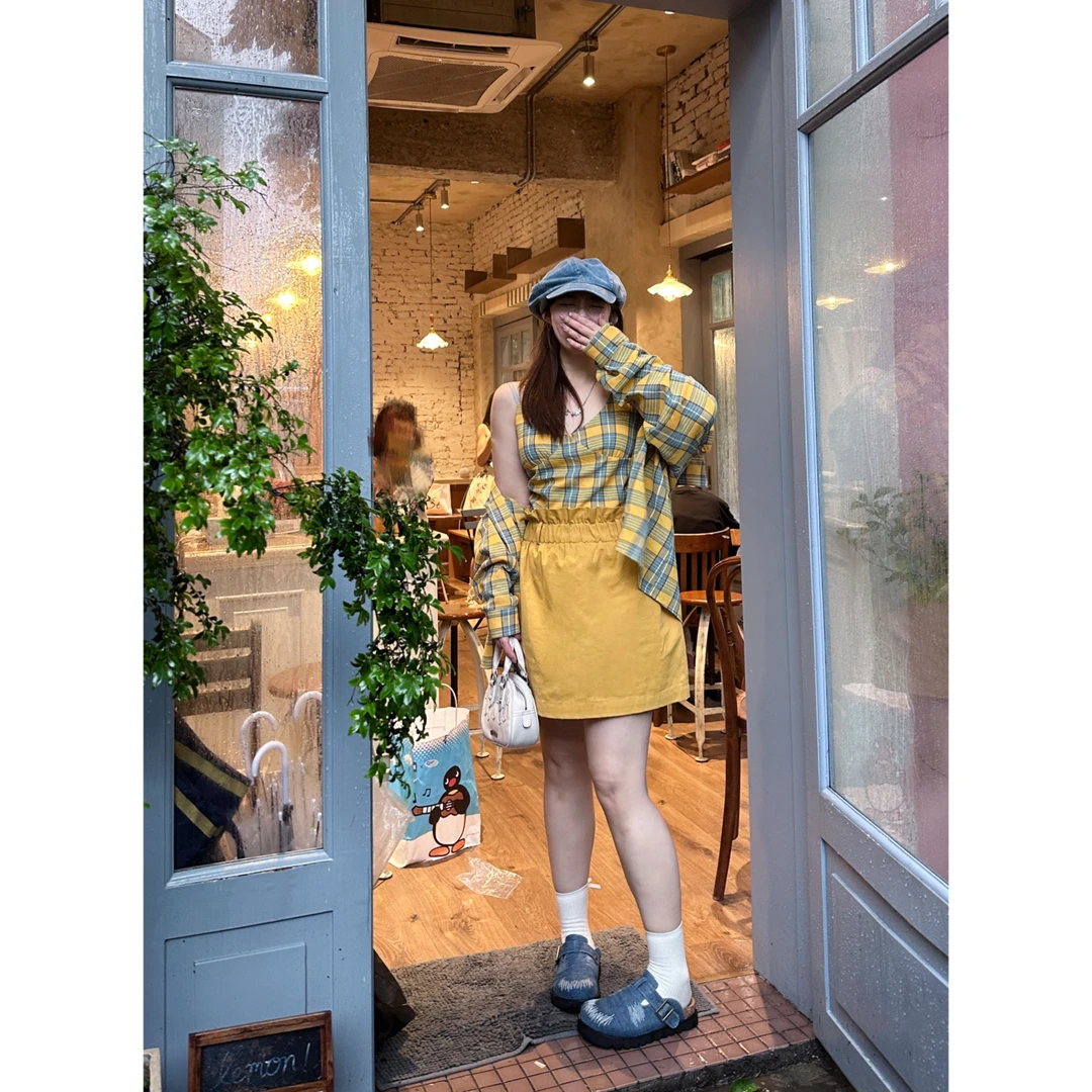 晶咕【美院画廊】宽松复古休闲小众格子长袖衬衫+背心两件套