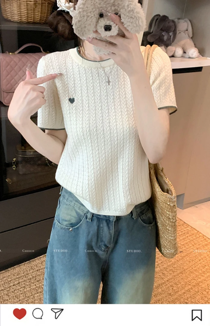 STUDIO大方短袖夏季纯色薄款毛针织衫女装洋气圆领白色宽松时尚