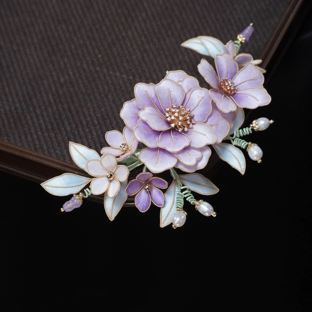 云缕紫色花发夹非遗绒花发饰头饰南京新中式古风旗袍夹子古典饰品