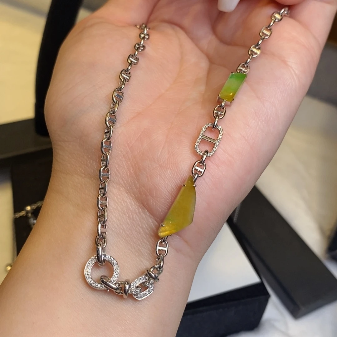 翡翠项链18K金镶嵌黄加绿随形万能链