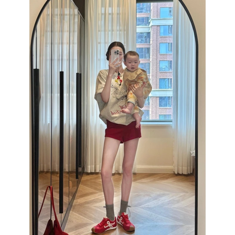 MARIE.COCO慵懒风短袖圆领印花T恤女宽松上衣女辣妹穿搭红色短裤