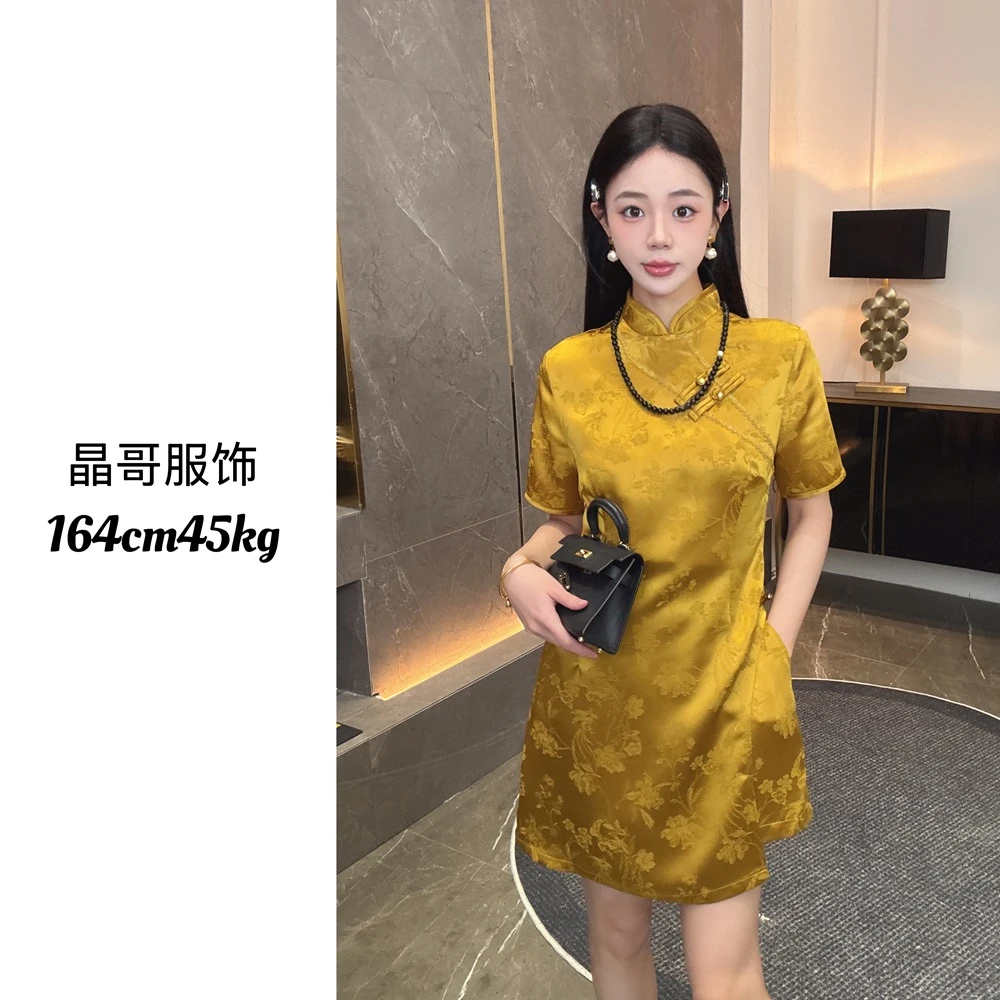 【蕙质兰心】新中式休闲暗纹提花设计师款醋酸国风旗袍短裤套装