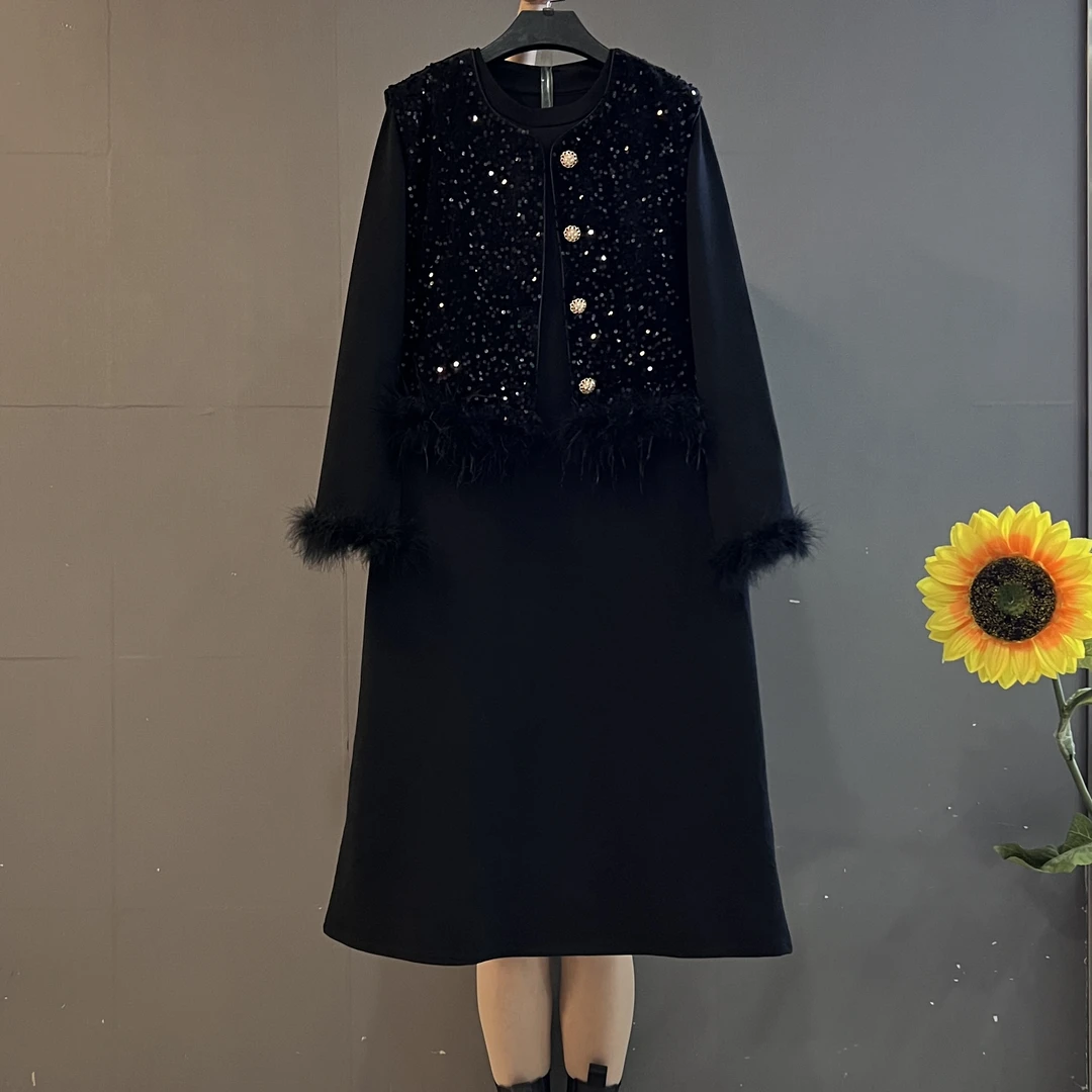 欧货新款重工亮片小香马甲➕长袖连衣裙显瘦遮肉复古两件套