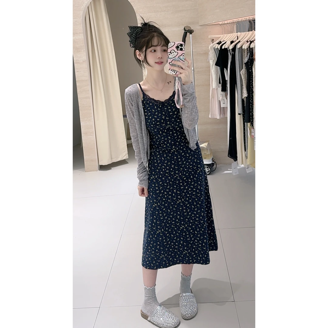 5907长款藏蓝碎花弹力套裙