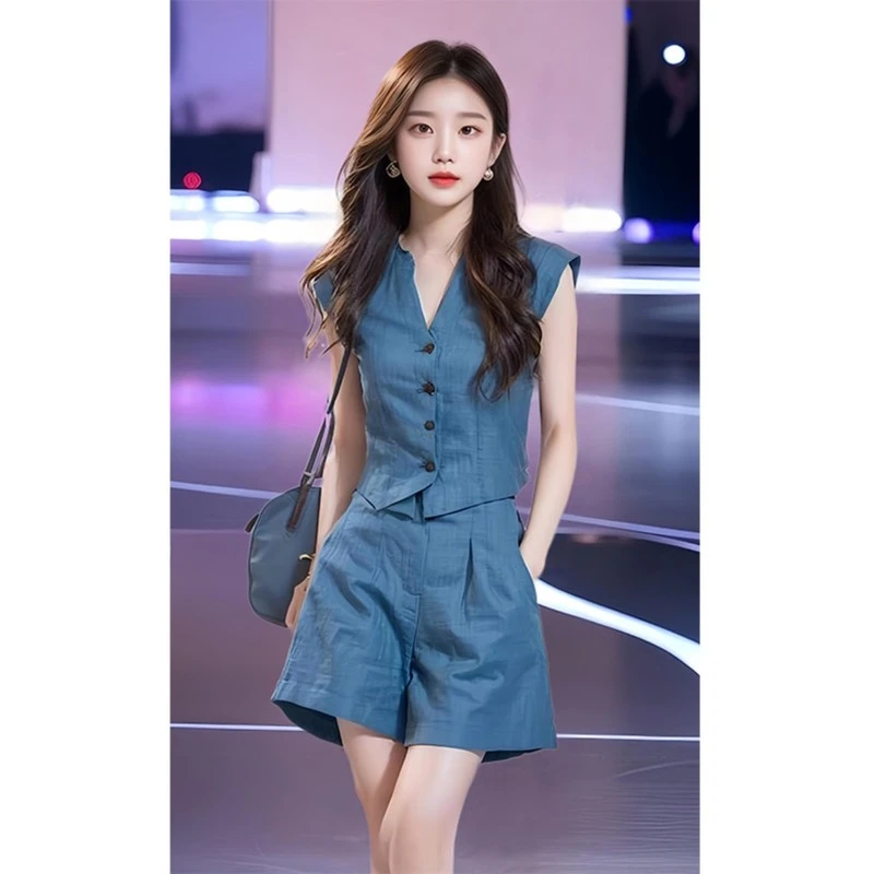 夏装搭配一整套轻熟时尚套装2025新款蓝色V领时髦气质两件套女装