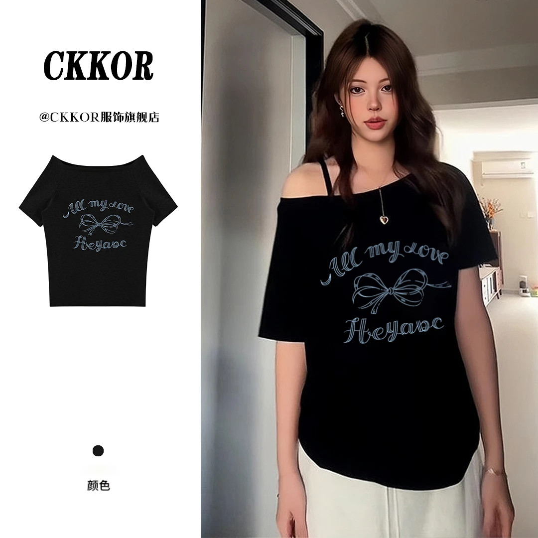 CKKOR夏季新款辣妹斜肩短袖t恤女美式蝴蝶结印花松弛感慵懒风上衣