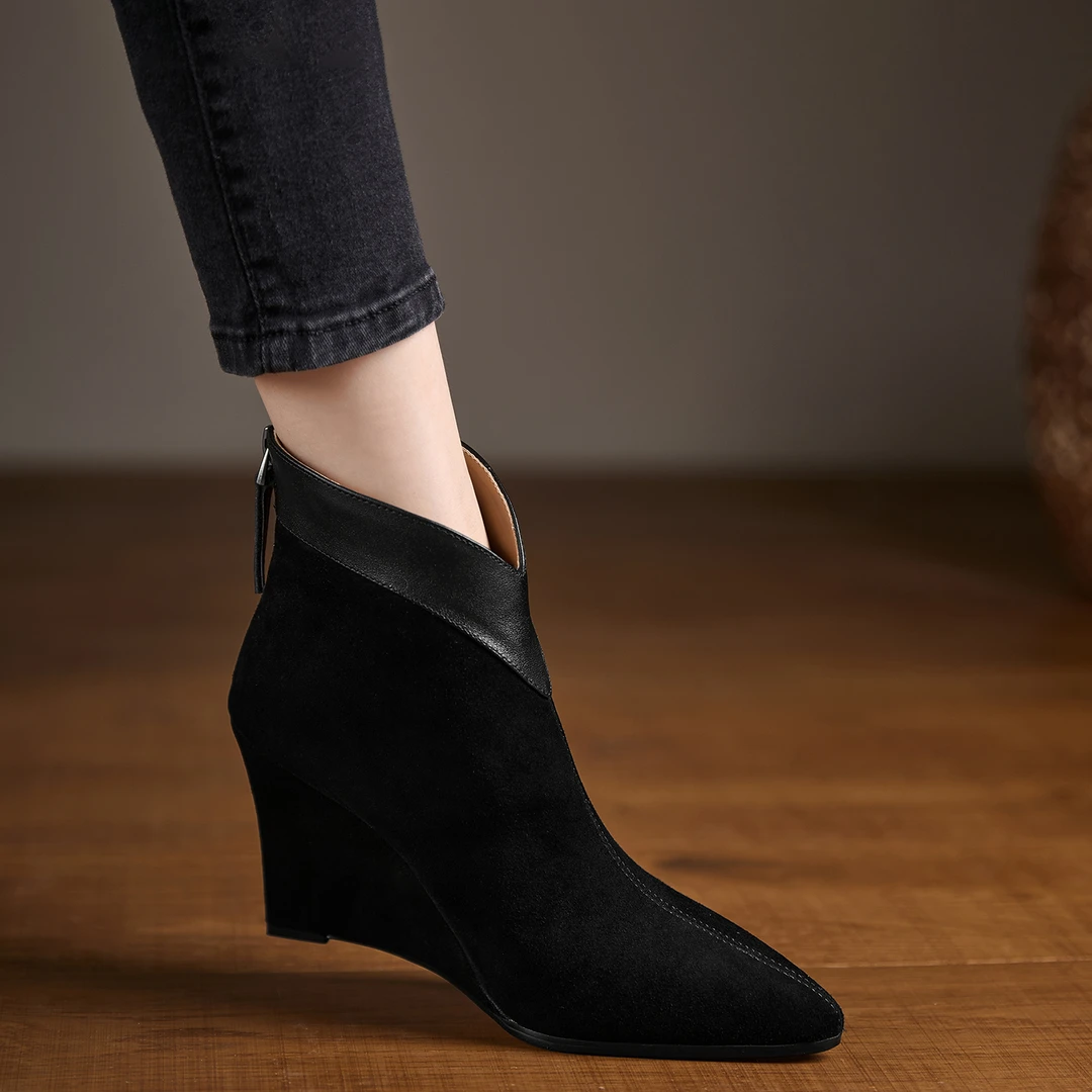 小个子手工女鞋10cm~尖头坡跟棕色马丁靴秋冬新款简约时装靴短靴