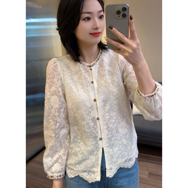 蕾丝小衫春装ins新款圆领串珠重工出游衬衫t恤女上衣潮25030