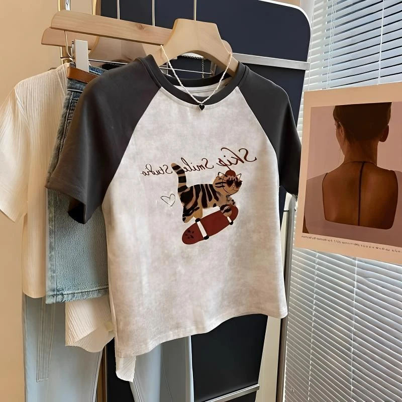 韩系老虎猫印花短袖t恤女夏季设计感撞色插肩袖洋气时髦短款上衣