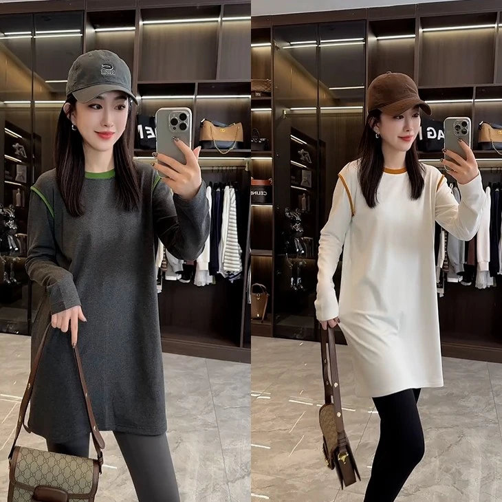 韩版打底衫女叠穿2025秋冬季新款圆领拼接宽松显瘦中长款休闲上衣