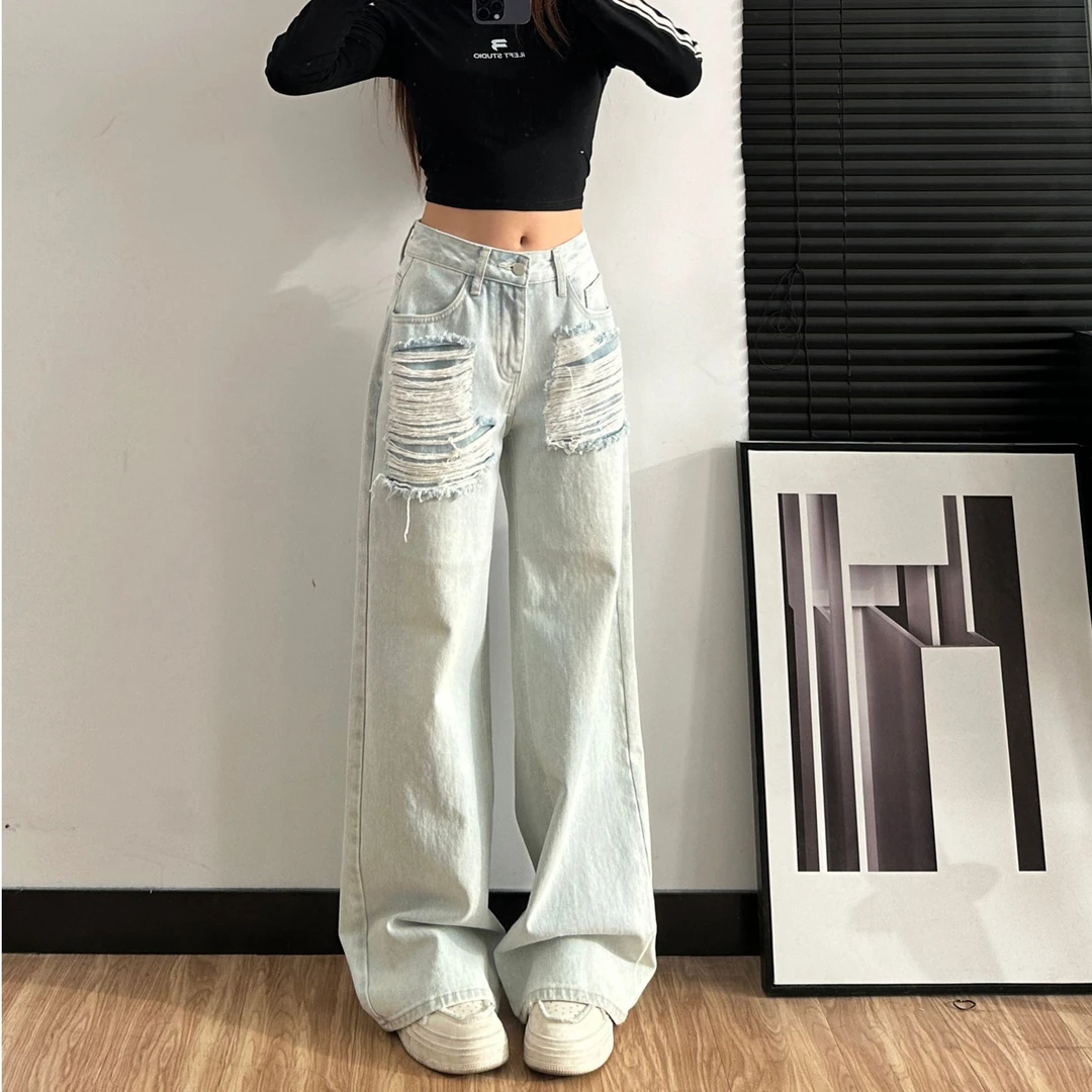 夏季175高个子浅蓝美式休闲低腰直筒牛仔裤破洞设计感拖地裤7016
