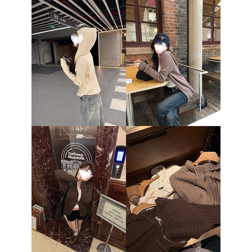 双面织拉链竖条连帽针织开衫女早秋季上衣 60398