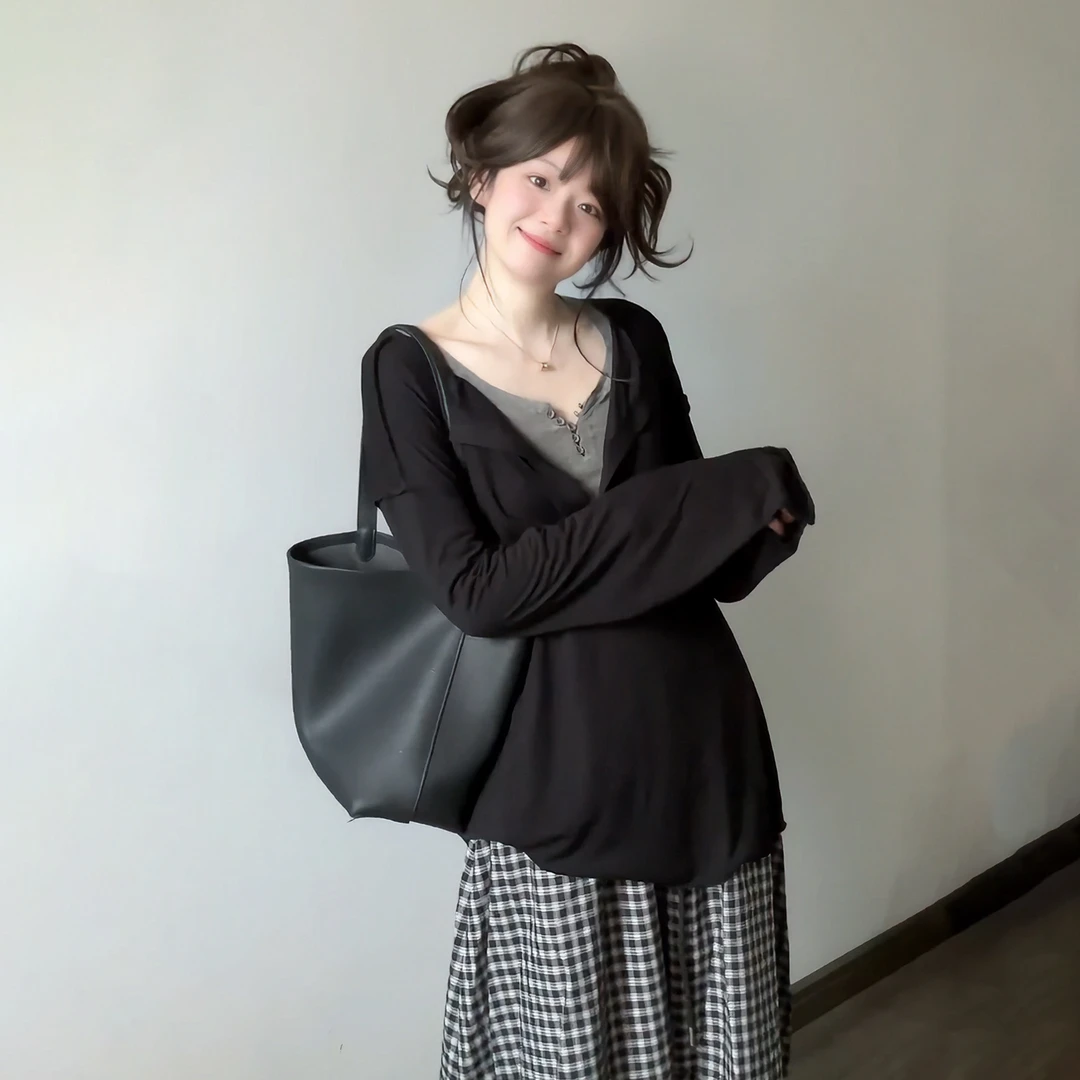 【9123】大码女装胖mm韩系V领假两件长袖T恤秋季设计感小众宽松上衣