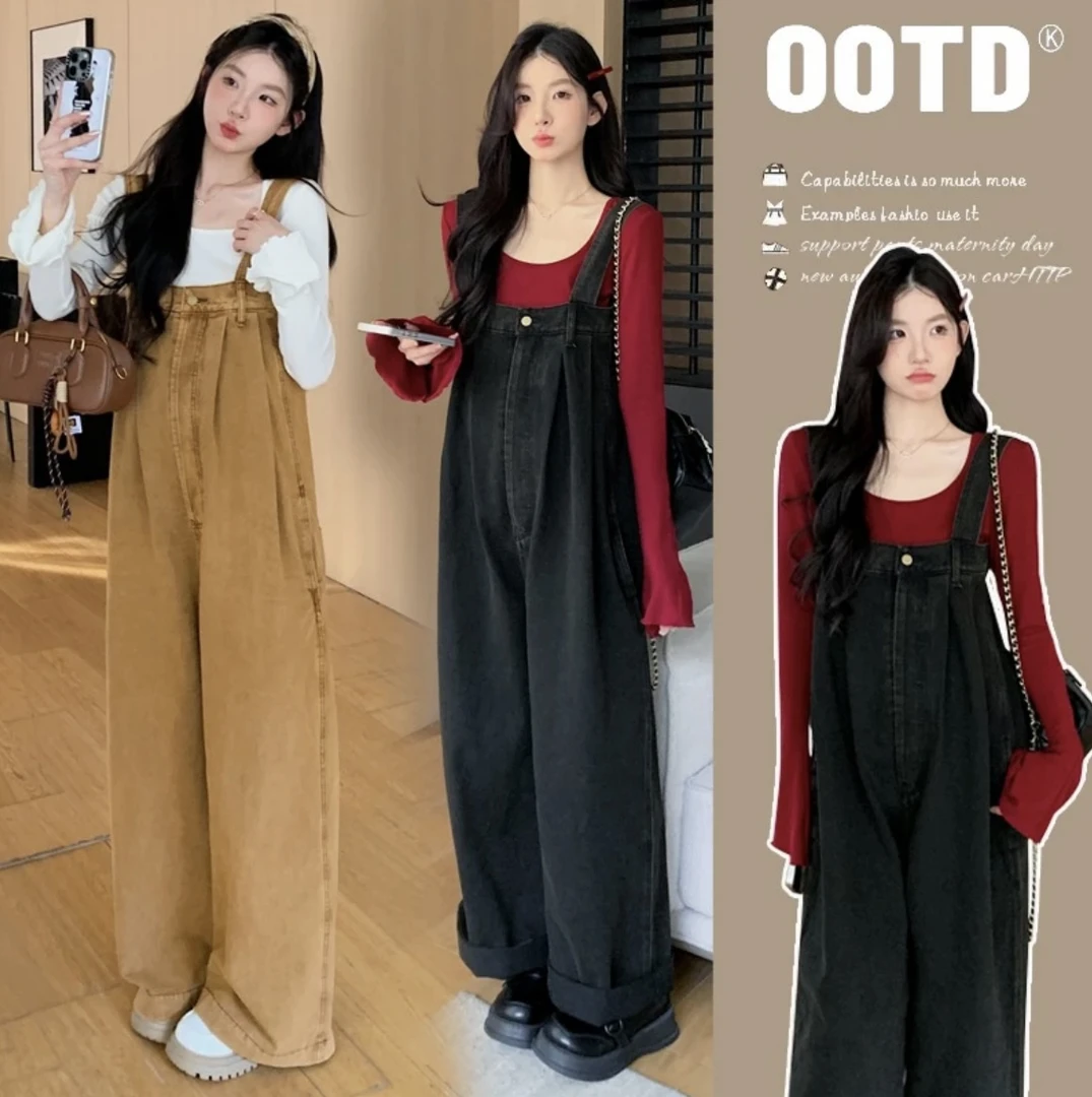 孕妇装春装套装2025新款时尚牛仔背带裤宽松休闲显瘦春秋季两件套