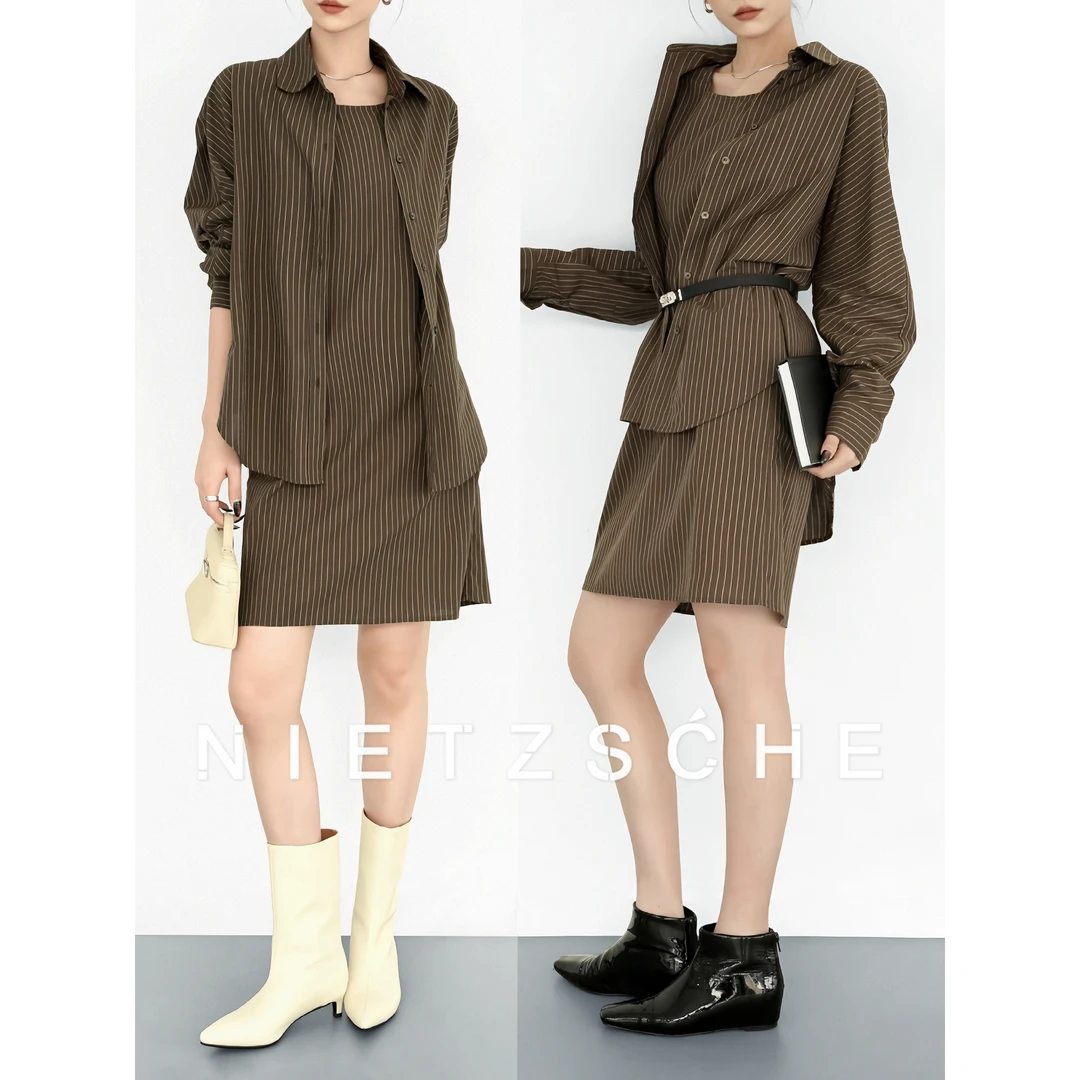 尼采官方直营｜中古衬衣｜松弛有度 慵懒风两件连衣裙套装50237