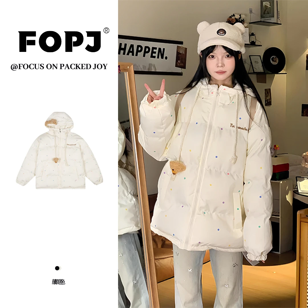 FOPJ韩版学院风小熊公仔棉服女秋冬季宽松加厚保暖面包服印花外套