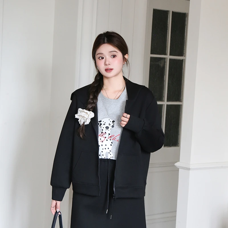 【涵胖胖】微胖大码新款双拉链连帽卫衣外套   5523