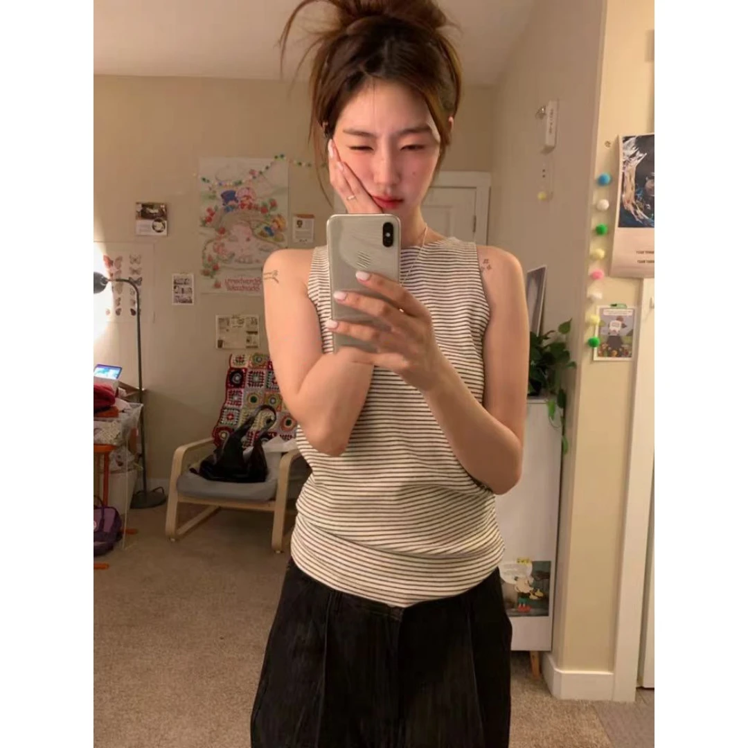 夏季薄款简约细条纹休闲百搭宽松显瘦背心女21781#