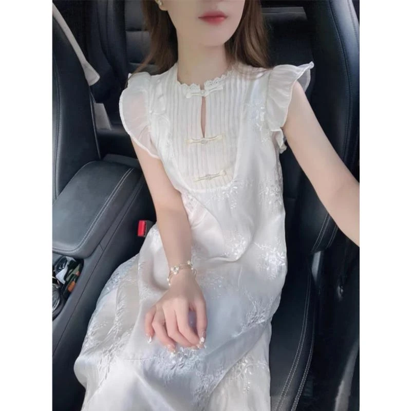 新中式国风盘扣小飞袖连衣裙女夏年轻款小个子高级感改良旗袍长裙