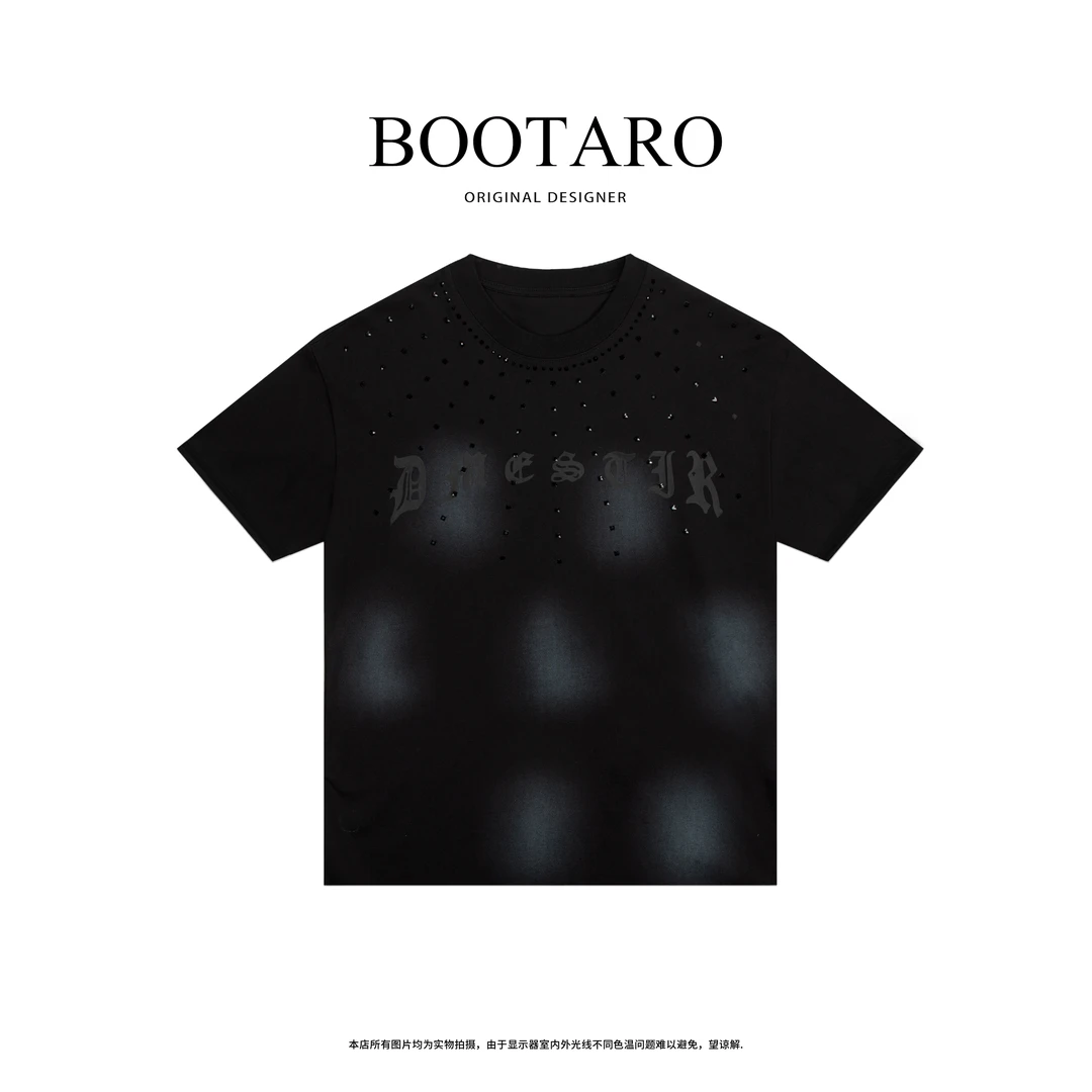 夏季新款潮流植绒烫钻字母休闲百搭黑色短袖圆领T恤上衣男士TH008