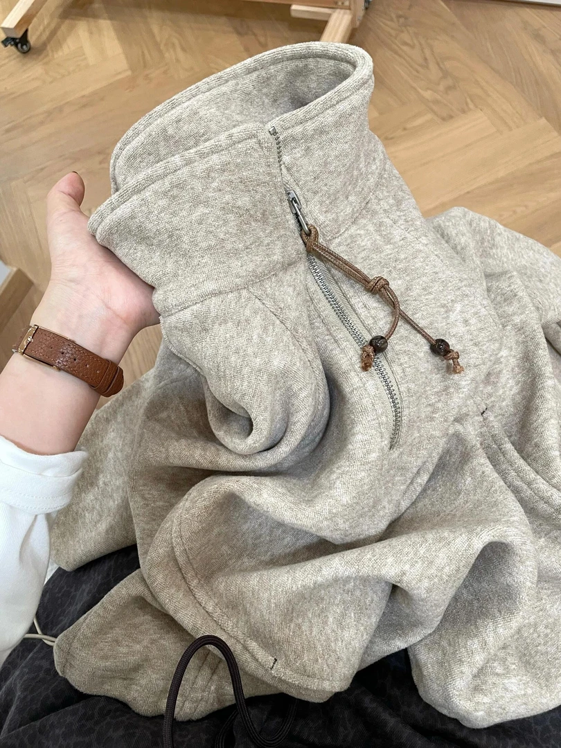 2025春季新款宽松通勤风格流行运动宽松休闲百搭半拉链立领卫衣女