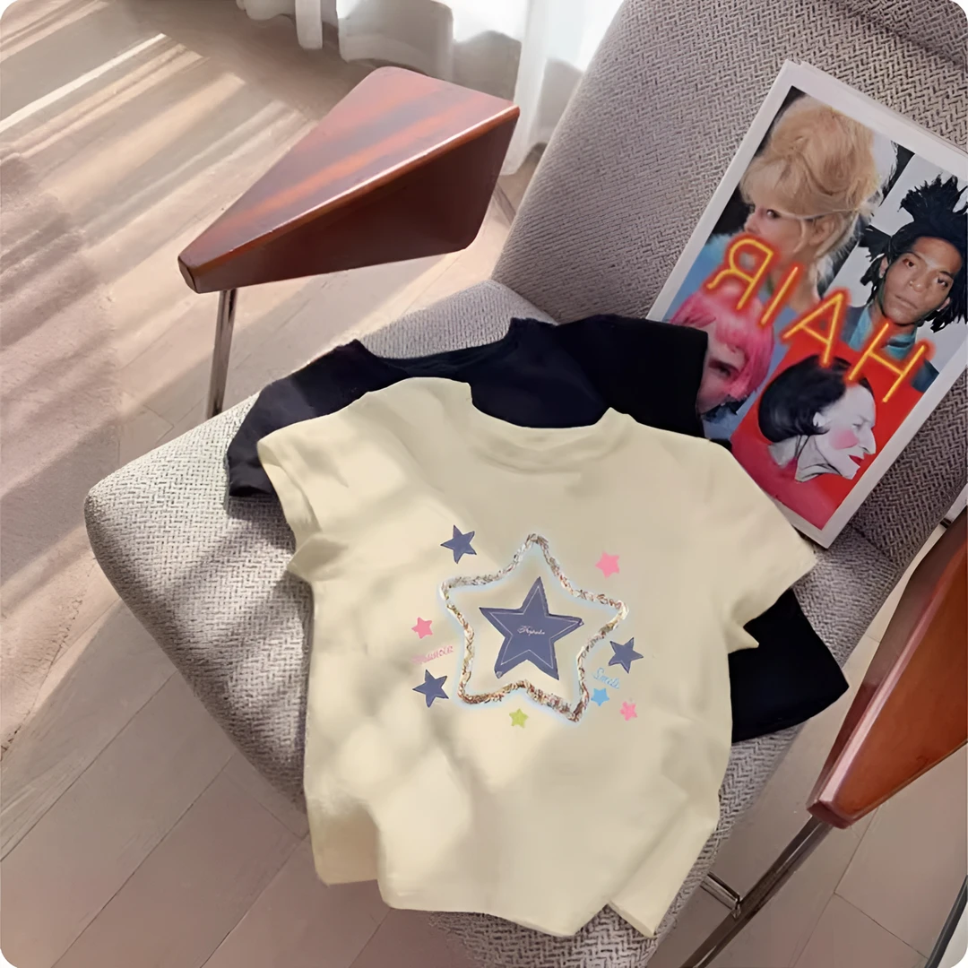 【100%纯棉】儿童夏装短袖t恤2025新款洋气儿童夏季上衣女孩印花潮T